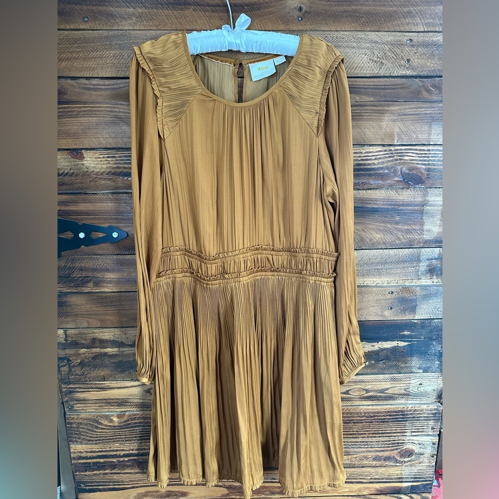 Maeve by Anthropologie Golden Brown Pleated Long Sleeve Dress
